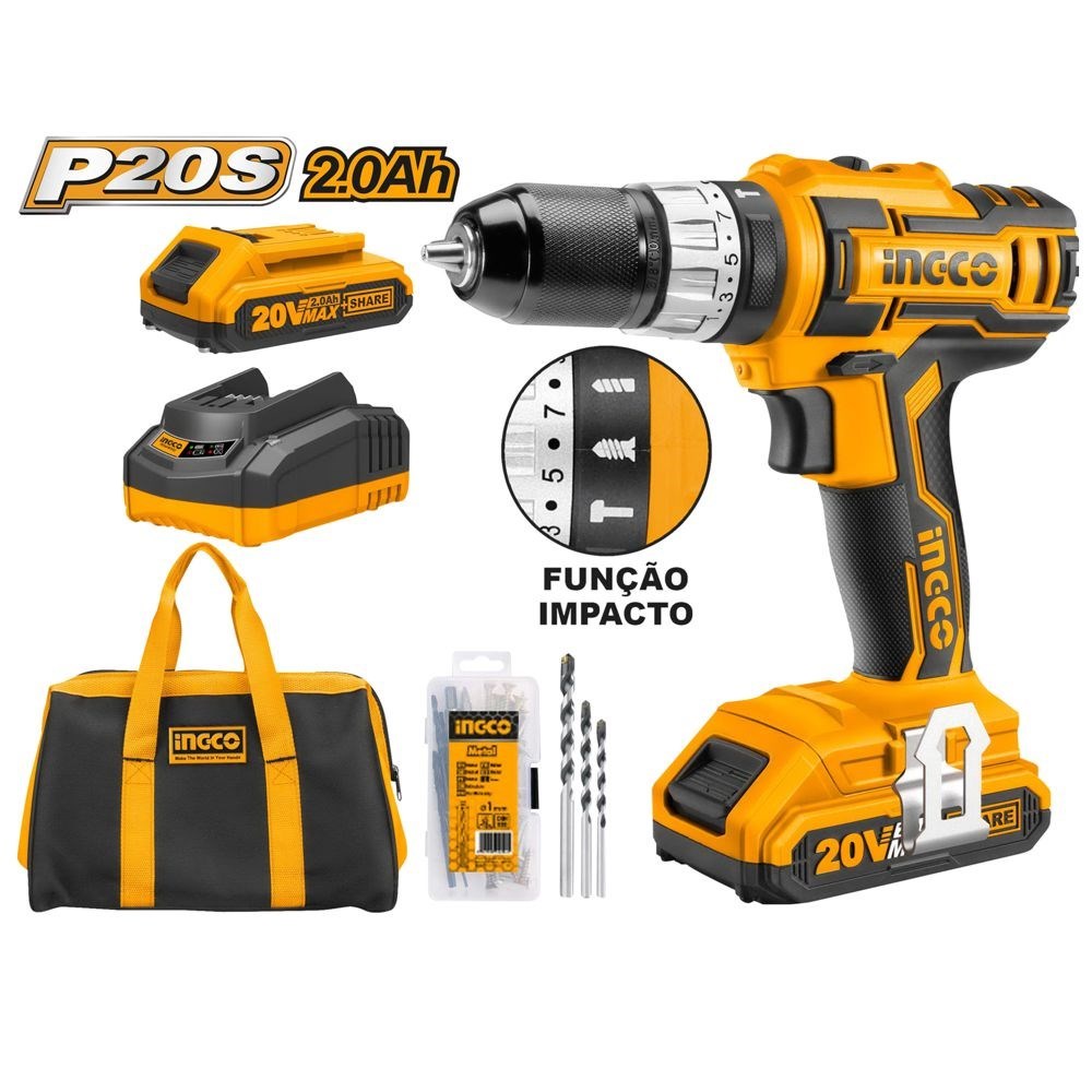 PARAFUSADEIRA E FURADEIRA INGCO COM IMPACTO 3/8” À BATERIA ÍON-LÍTIO 20V - COD. CIDLI2002-9