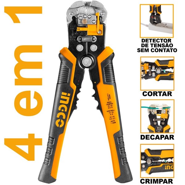 ALICATE AUTOMÁTICO 4 EM 1 PARA ELETRICISTA - DETECTOR DE TENSÃO INGCO 8.1/4’’  -  COD. HWSP102429