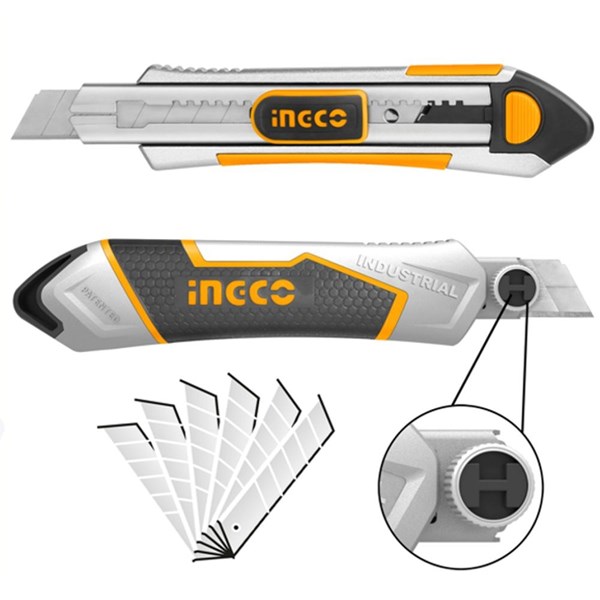 ESTILETE INDUSTRIAL INGCO EM ALUMÍNIO COM 6 LÂMINAS 18MM X 100 MM TROCA RÁPIDA - COD. HKNS1808