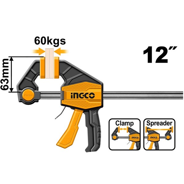 GRAMPO TIPO SARGENTO DE APERTO RÁPIDO INGCO 63X300MM (12") 60KG - COD.HQBC01602