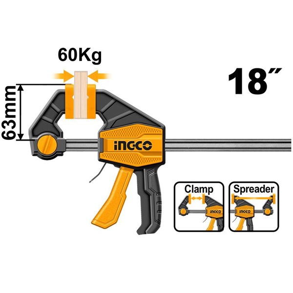 GRAMPO TIPO SARGENTO DE APERTO RÁPIDO INGCO 63X450MM (18") 60KG - COD. HQBC01603