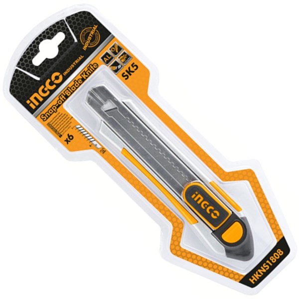 ESTILETE INDUSTRIAL INGCO EM ALUMÍNIO COM 6 LÂMINAS 18MM X 100 MM TROCA RÁPIDA - COD. HKNS1808