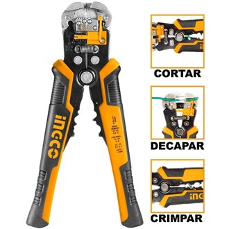 ALICATE AUTOMÁTICO 3 EM 1 P/ ELETRICISTA - CORTAR, DECAPAR E CRIMPAR INGCO 8.1/4’’ - COD. HWSP102418