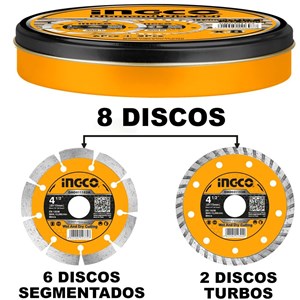 JOGO DE DISCOS DIAMANTADOS INGCO 4.1/2” (115MM X 22.2MM) C/ 8 UN - COD.DMD301153