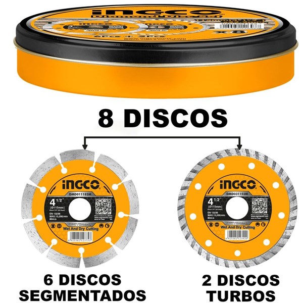 JOGO DE DISCOS DIAMANTADOS INGCO 4.1/2” (115MM X 22.2MM) C/ 8 UN - COD.DMD301153