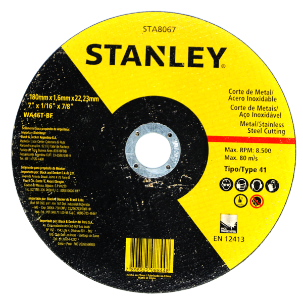 Disco de Corte Fino para Metais 7" X 1,6mm X 7/8'' Stanley para Inox. - Cod. STA8067
