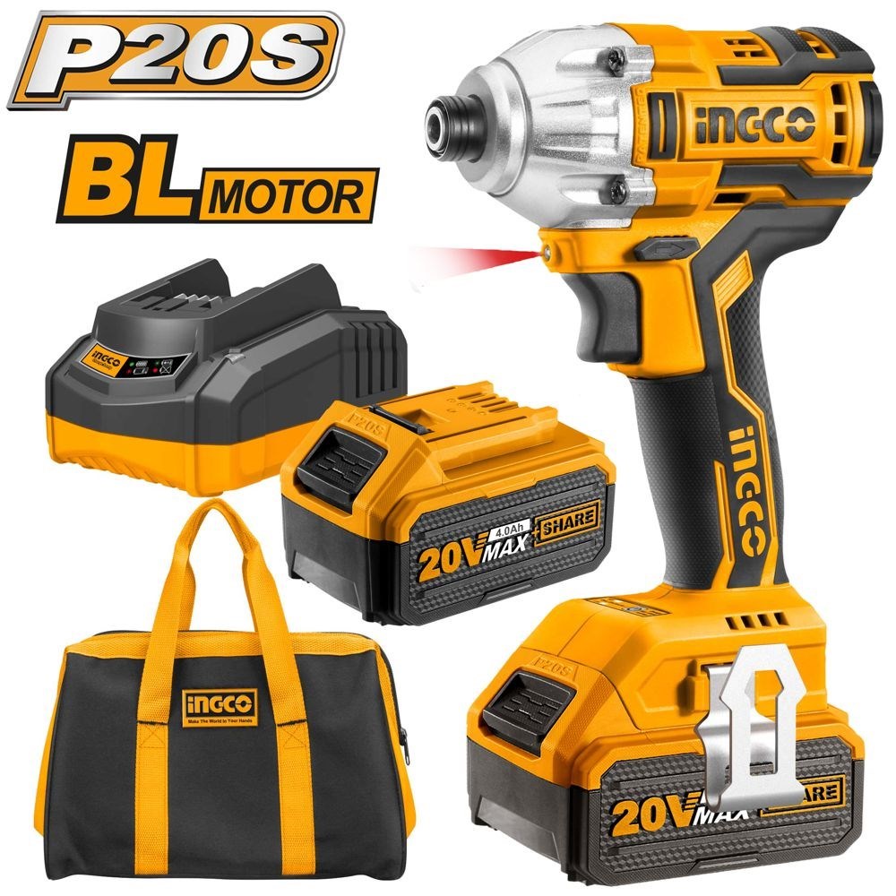 PARAFUSADEIRA DE IMPACTO ENCAIXE SEXTAVADO 1/4” INGCO À BATERIA ÍON-LÍTIO 20V - COD. CIRLI2004-9